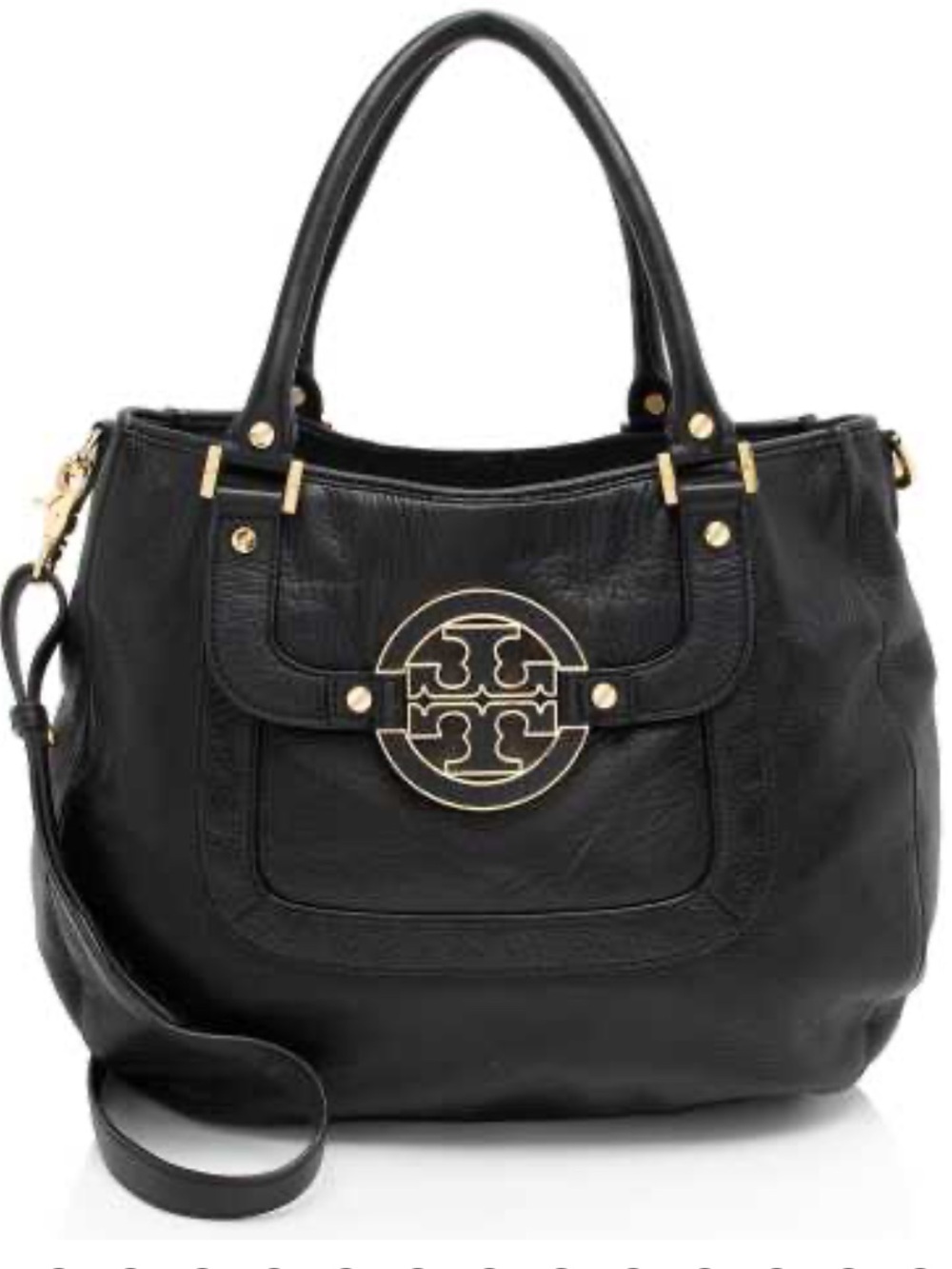 Tory Burch Amanda Black Leather Shoulder Tote with Gold Logo